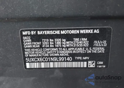 2022 BMW X7 M50I z USA, uszkodzony, nr VIN 5UXCX6C01N9L99140